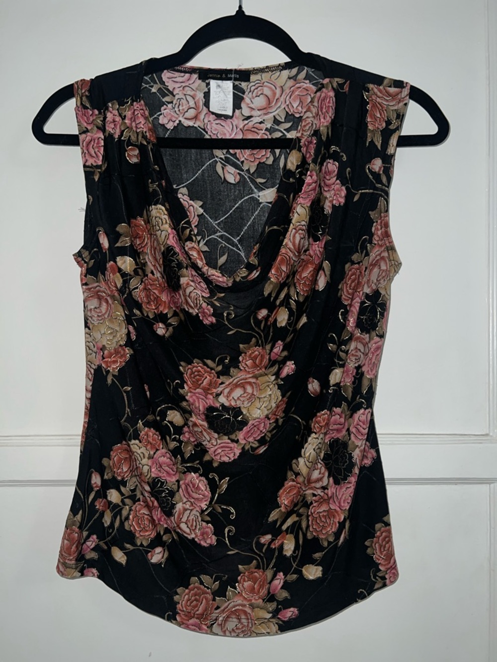 Floral Drape Neck Camisole - Black with Pink & Cream Roses